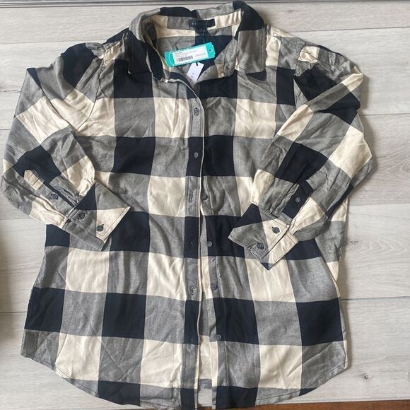Sanctuary Arwen Full Sleeve Plaid Shirt Button Down 1X Black/Off White Nwt - Picture 5 of 6
